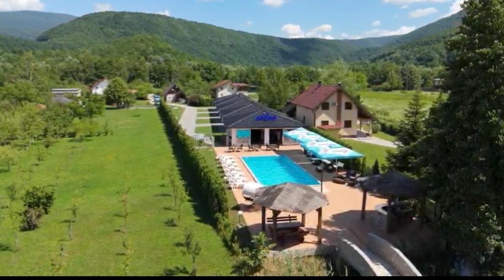 an aerial view of a house with a swimming pool at Lohovo Arena in Bihać