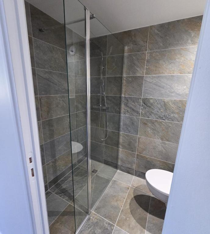 a bathroom with a glass shower with a toilet at hugotel in Francescas
