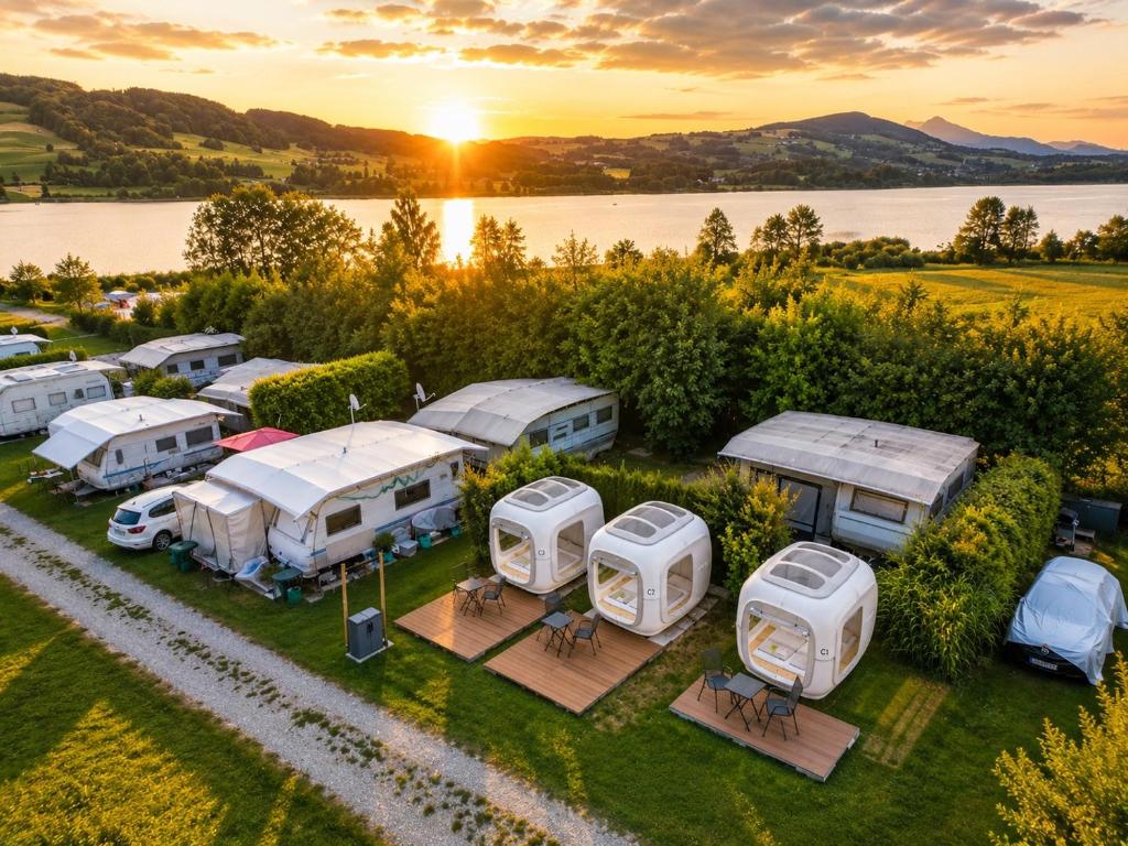 an aerial view of a group of rvs at a lake at Cubes am Irrsee - SELF CHECK-IN in Sommerholz