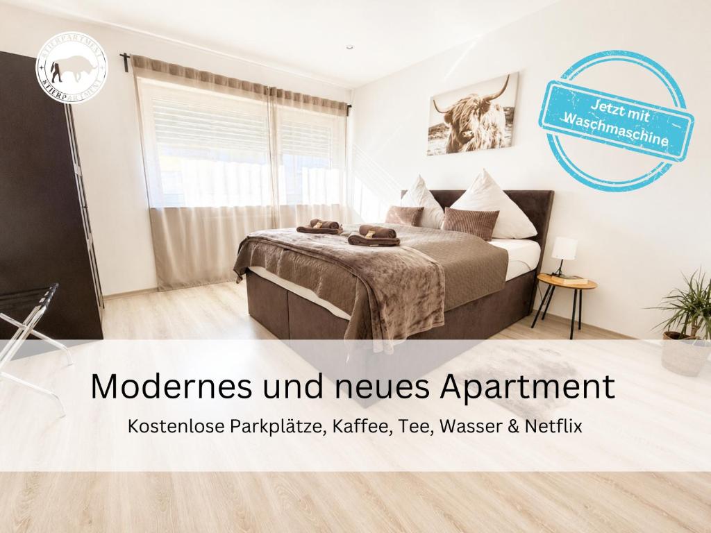 a bedroom with a bed and a sign that reads monitors and nerves apartment at Stierpartment am Pfälzer Wald nähe Outlet Center Zweibrücken in Pirmasens