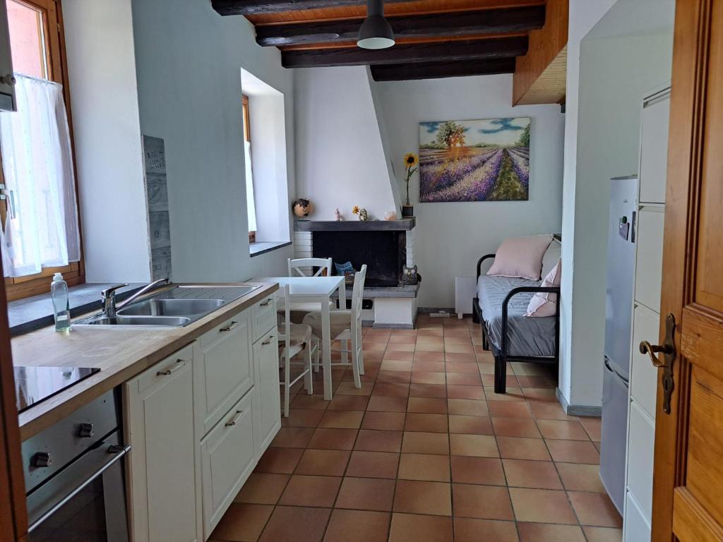 a kitchen with a sink and a table at Il Nido Viola in Arbedo-Castione