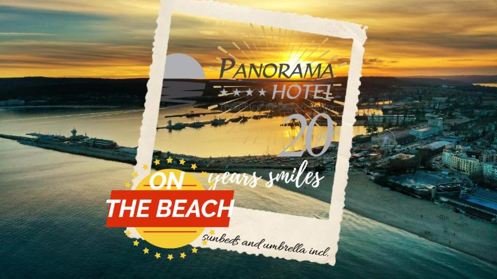 ein Plakat für ein Hotel am Strand bei Sonnenuntergang in der Unterkunft Panorama Hotel - Free EV Charging Station in Warna
