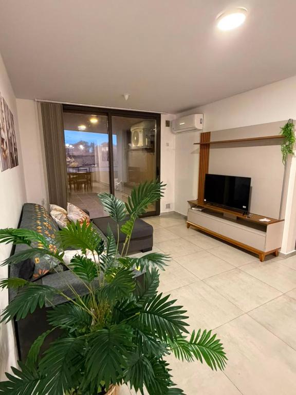a living room with a couch and a flat screen tv at Amalfi Apart in Villa María