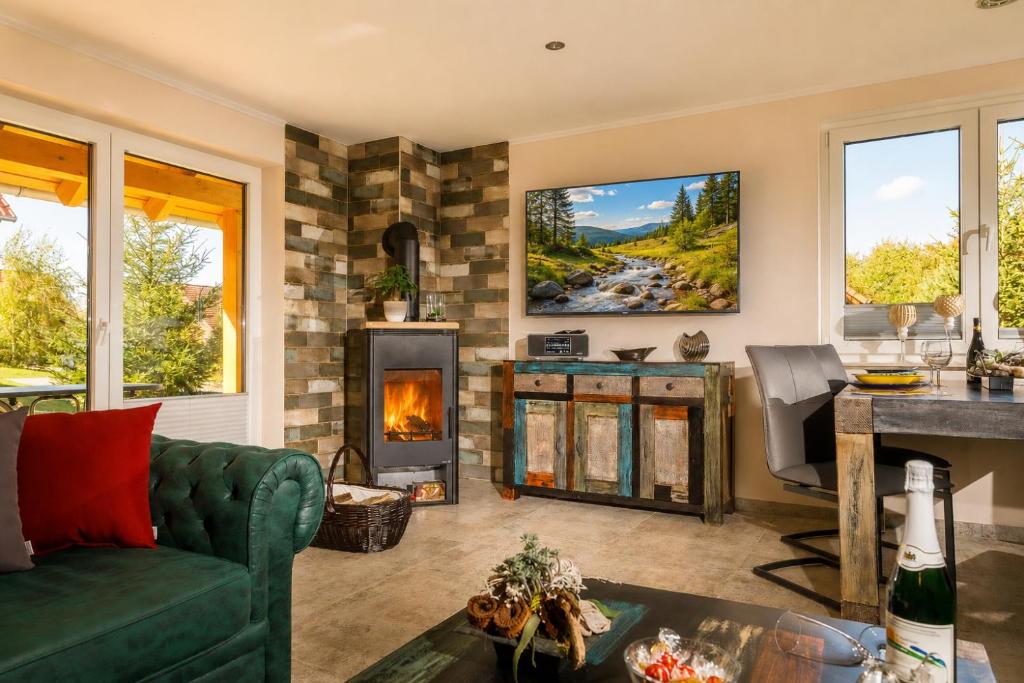 a living room with a green couch and a fireplace at Premium-Plus-Ferienhaus Skadi II in Hasselfelde