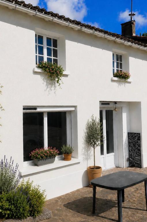 a white house with potted plants and a table at Maison de campagne in Clessé