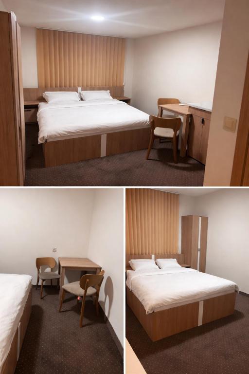 two pictures of a room with two beds and a table at Aura Pokoje na Wynajem in Wojnicz