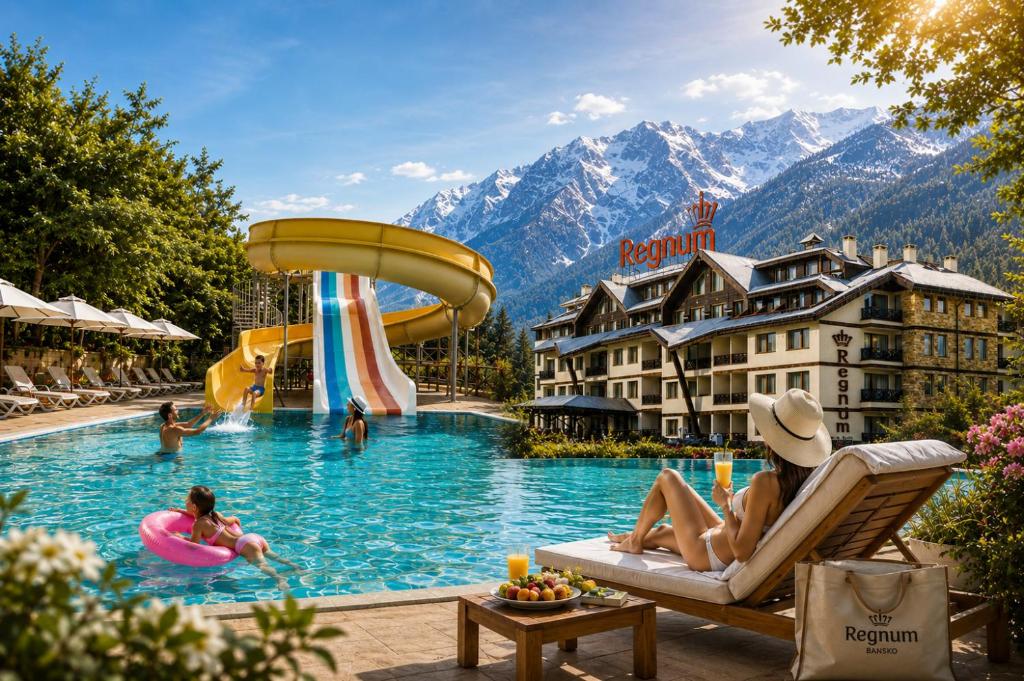 a woman sitting in a chair in a pool at a resort at Regnum Bansko Mountain Resort in Bansko