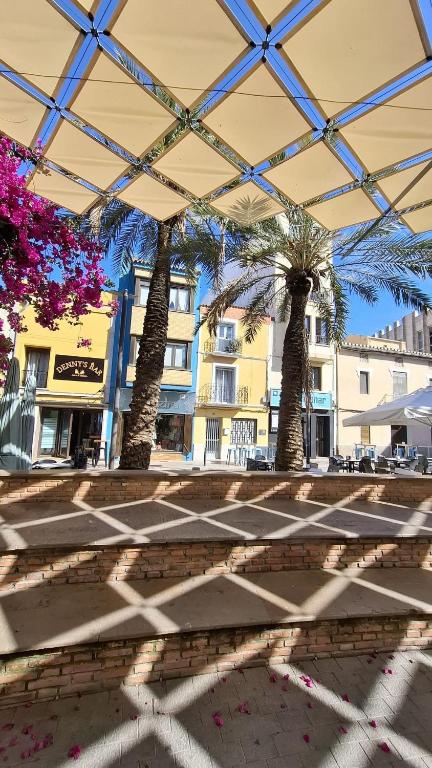 a group of palm trees in front of a building at casa Bayer in Benicàssim