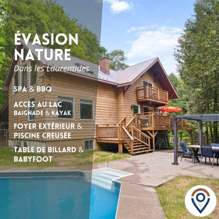 a house with a deck and a swimming pool at Modern Cottage Laurentians Private Pool & Nature in Brownsburg