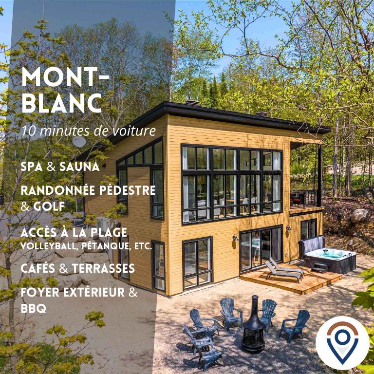 a magazine cover of a tiny house with a patio at Chalet Le Greenwood - Mountain View & Private Spa in Saint-Faustin
