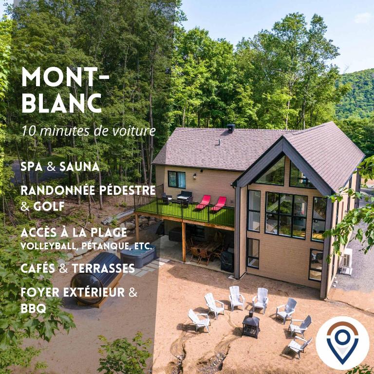 a magazine advertisement for a tiny house with chairs and a patio at Le Greenwood 2 - Sauna - Spa - Mountain View in Saint-Faustin