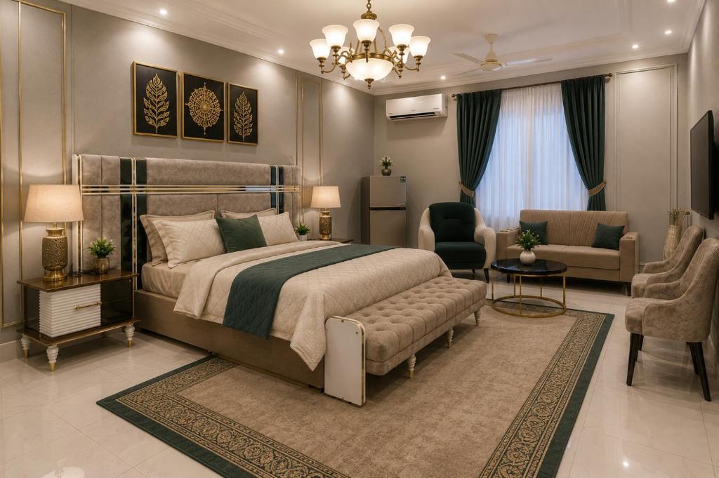 a bedroom with a bed and a living room at Guest Villa in Lāsezai