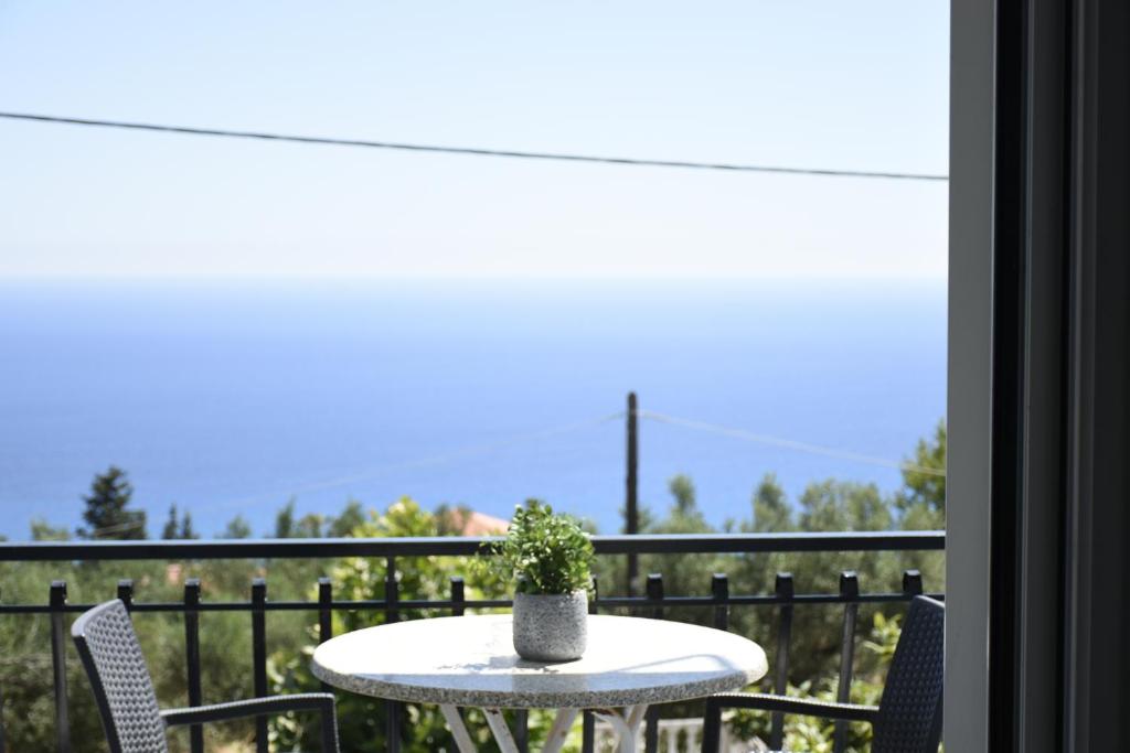 a table with a potted plant on a balcony at Venus Studios in Vlachata