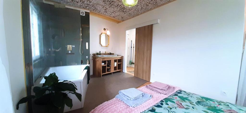 a bathroom with a bed and a sink and a tub at La petite maison d'Hose in Monistrol-sur-Loire
