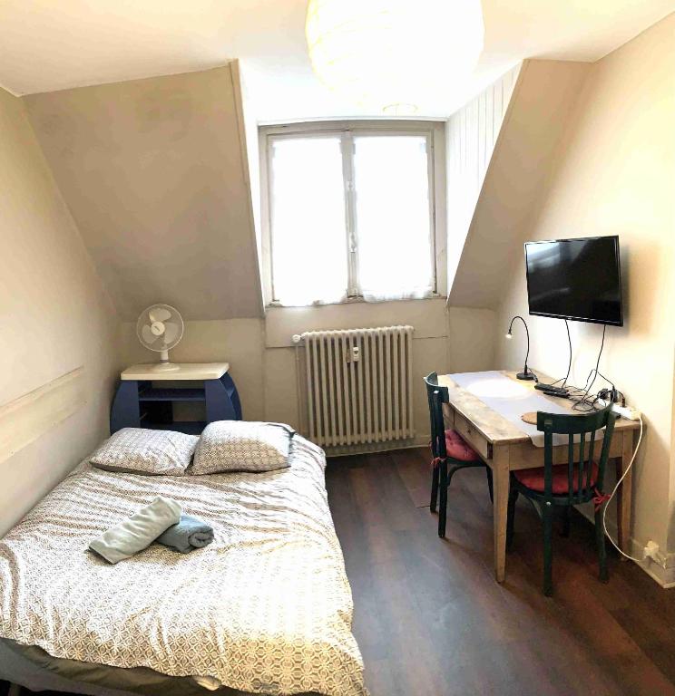 a bedroom with a bed and a desk with a computer at Studio Léman in Chambéry