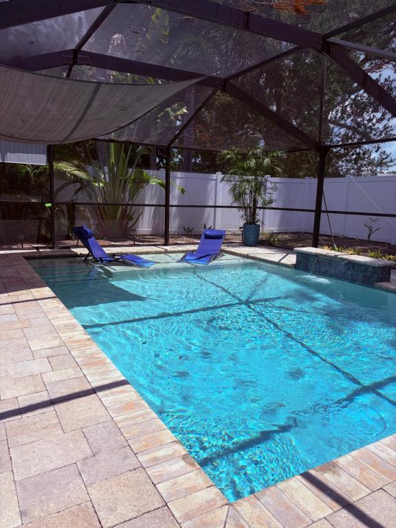 a swimming pool with two chairs and an umbrella at Escape to Tropical Tampa in Tampa