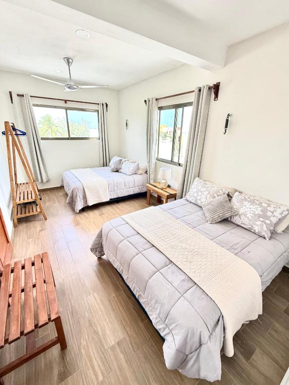 two beds in a room with two windows at Casa Velamar in Isla Mujeres