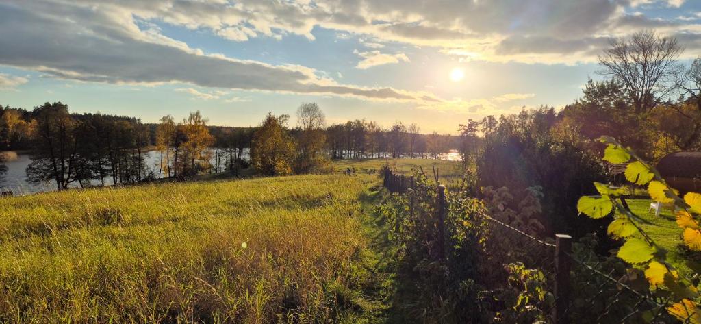 a field with a river and the sun in the sky at Zakątek Pod Lasem in Wydminy