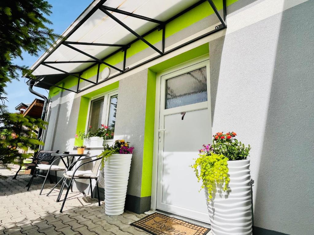 a house with two large white vases with flowers on it at Penzión Tyché in Šurany