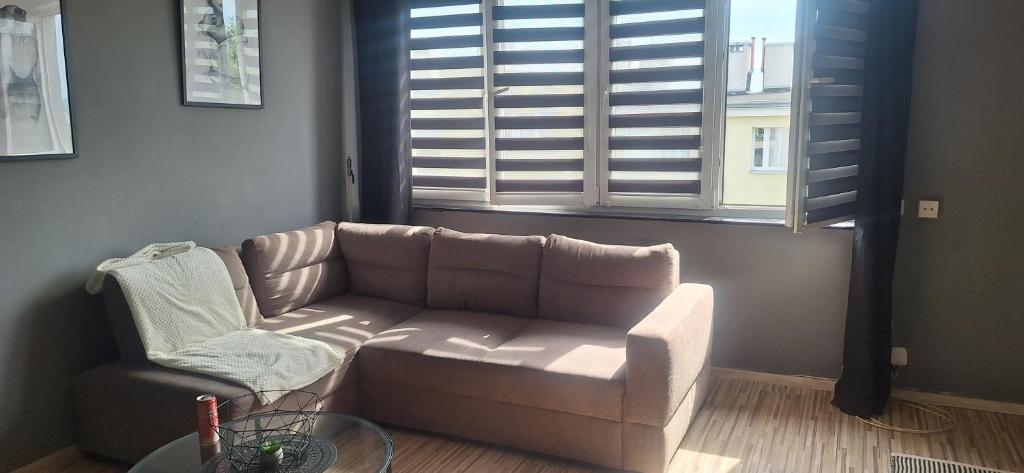 a living room with a couch and a window at Kawalerka in Kwidzyn