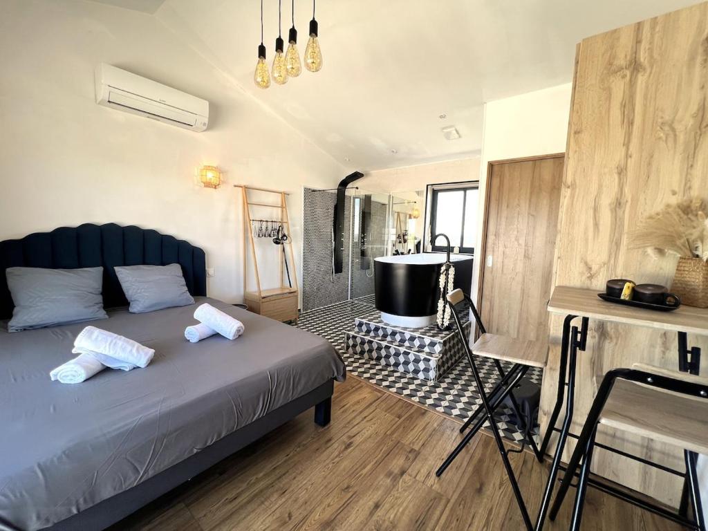 a bedroom with a bed and a bathroom with a tub at Studio cosy avec balnéo et climatisation in Albi