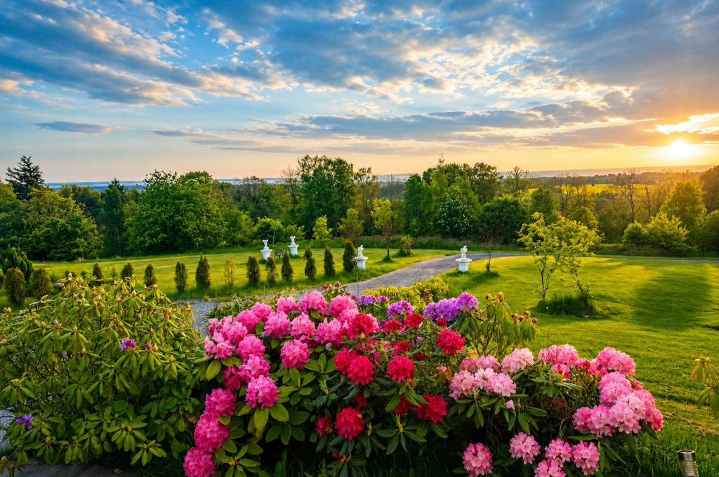 a garden with pink flowers and people in the distance at Killeröd Boutique Apartments in Båstad