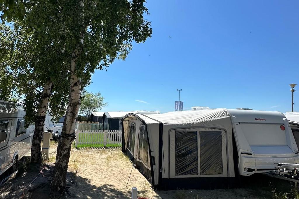 a white trailer parked next to a tree at HelloHel klimatyzowane przyczepy Jastarnia Surf Kite Wind in Jastarnia