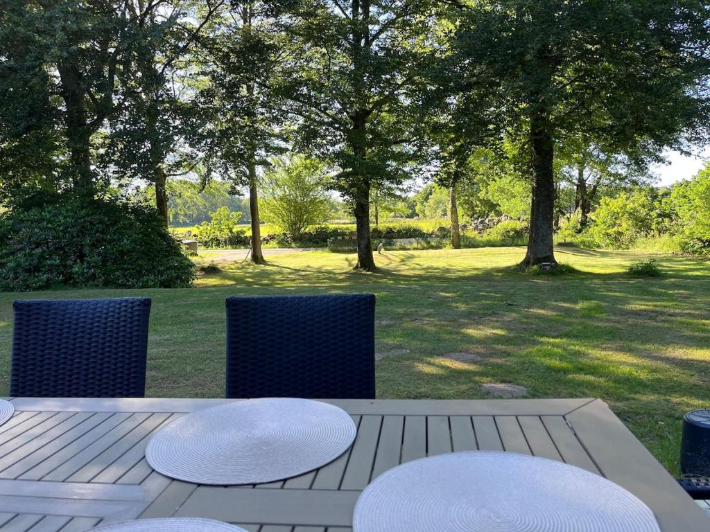 a wooden table and chairs with a view of a park at Lilla lyckan in Skälsböke