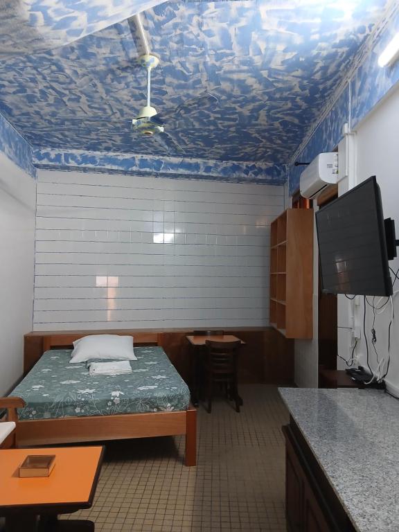 ein Zimmer mit einer Decke, einem Bett und einem Fernseher in der Unterkunft Claudia STUDIO in Basse-Terre