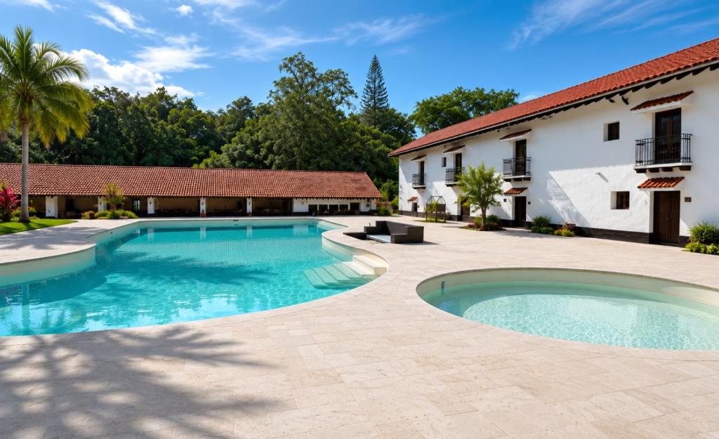 an image of a swimming pool in a yard with a house at Hotel Hacienda Concá in Conca