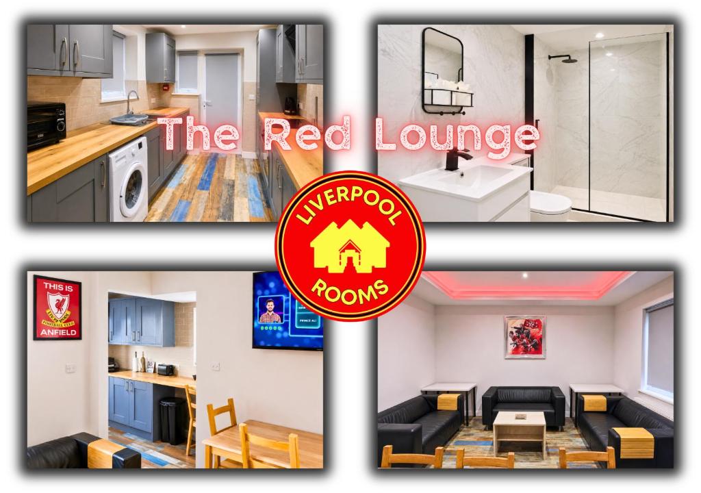 four pictures of a kitchen and a living room at The Red Lounge Rooms in Liverpool