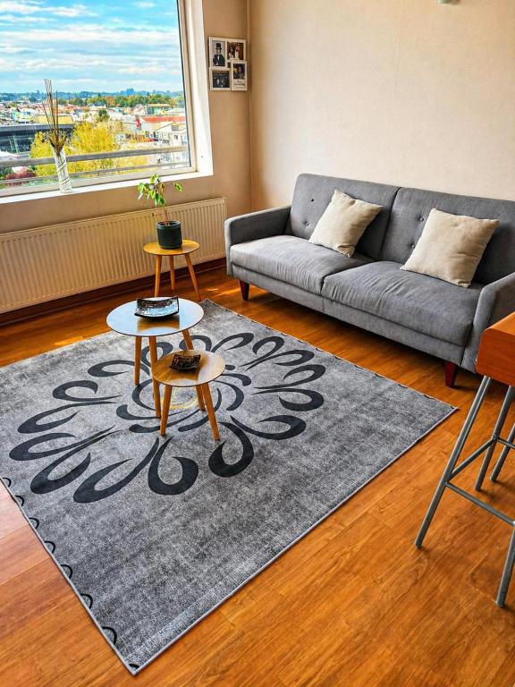 a living room with a couch and a rug at Dpto vista hermosa in Osorno