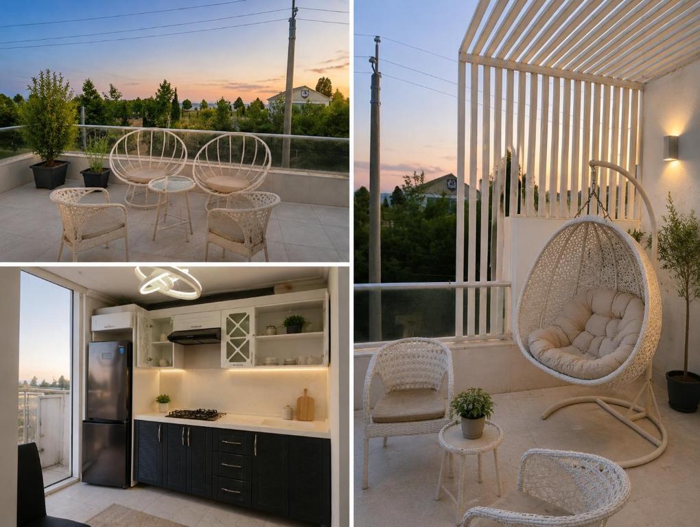 a collage of photos of a balcony with a swing at Sakura Apartments in Astara