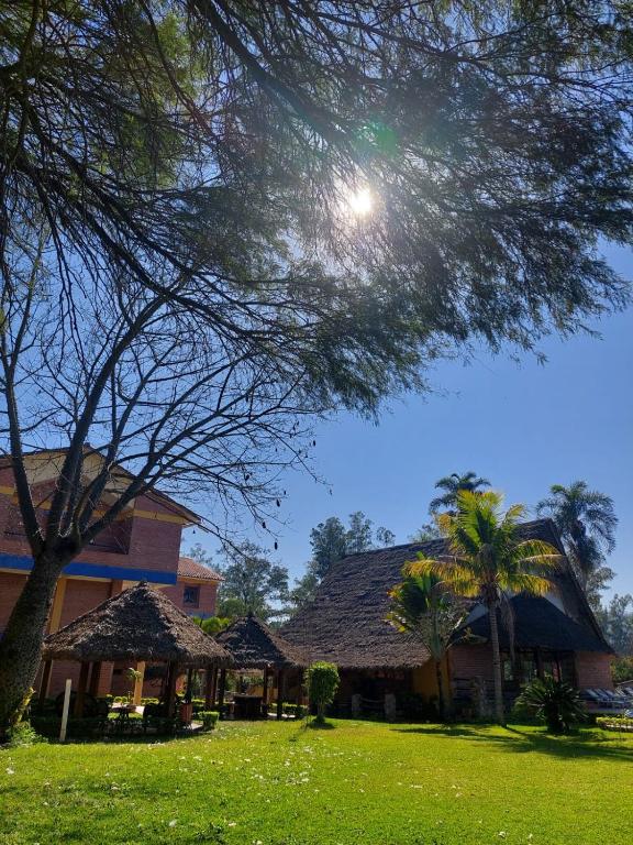 a building with a tree in the middle of a yard at Hotel Balneario Las Tinajitas in Choreti