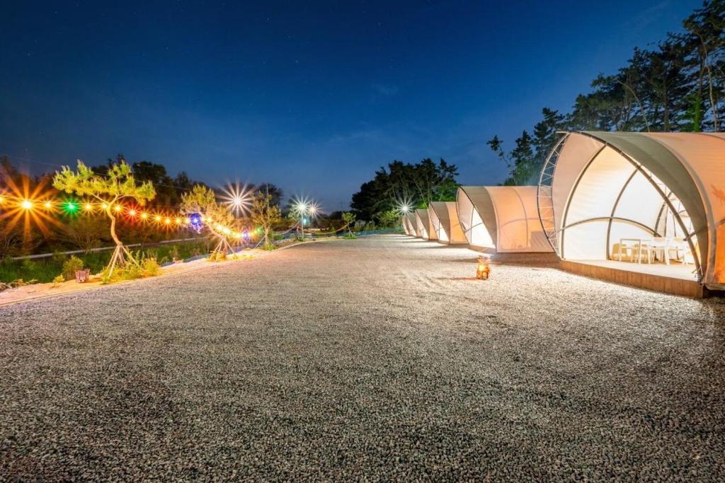 a street at night with a building and lights at Seocheon Ocean Place Glamping Caravan in Seocheon