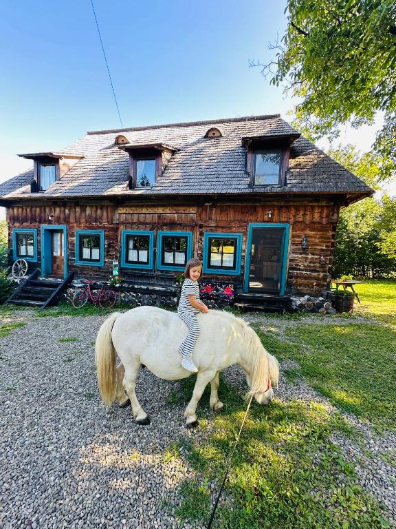 a young girl riding a white horse in front of a house at Breb s Cosy Barn in Breb