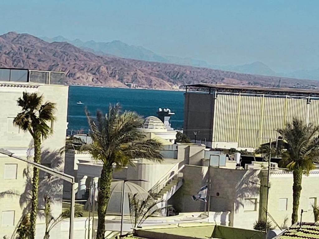 a building with palm trees and a body of water at shohamseaview in Eilat