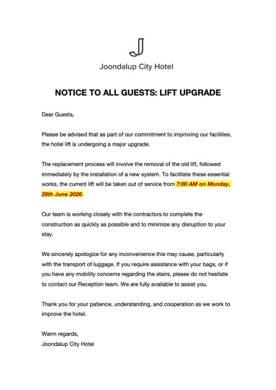 a document with the text notes to all questions lift upagi at Joondalup City Hotel in Perth