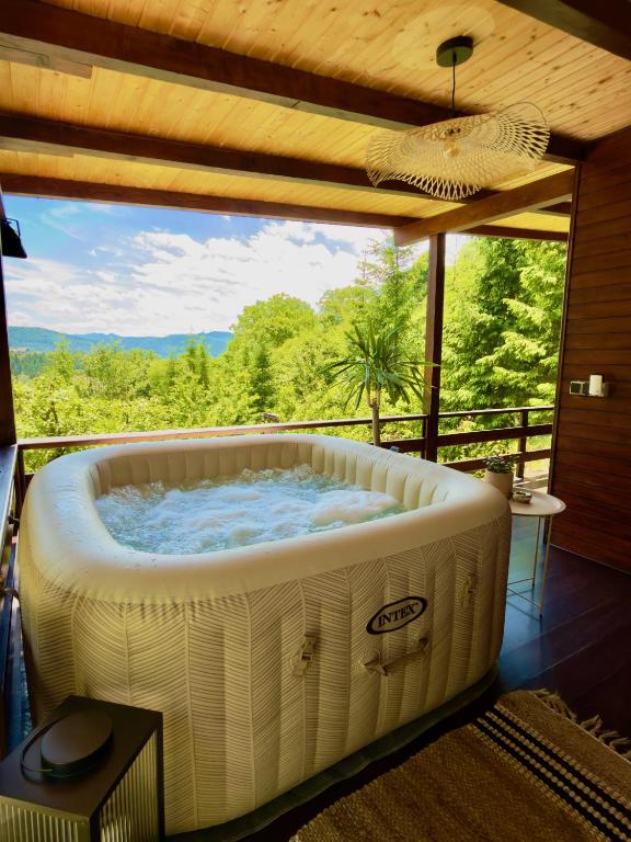 a jacuzzi tub in a room with a view at Casa Rogin Chalet in Buhalniţa