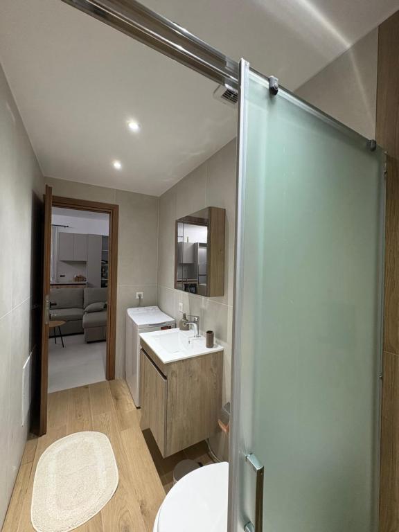 a bathroom with a shower and a white sink at Makridakis apartments in Rethymno