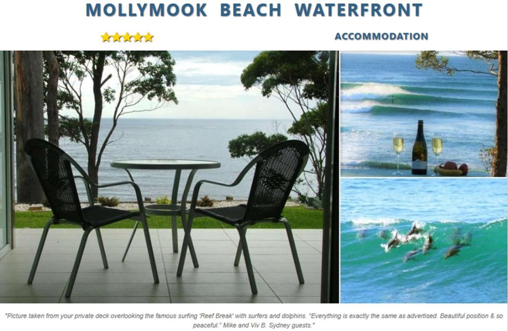 two photographs of a table and chairs and the ocean at Mollymook Beach Waterfront in Mollymook