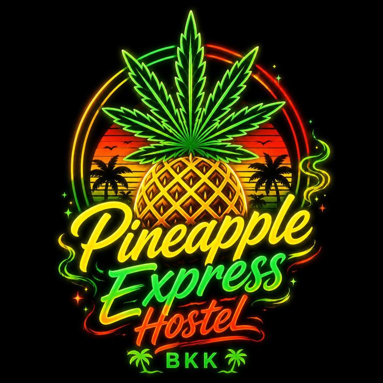 a neon sign for a pineapple express hostel at Pineapple Express hostel at BKK in Bang Bua Thong Railway Station