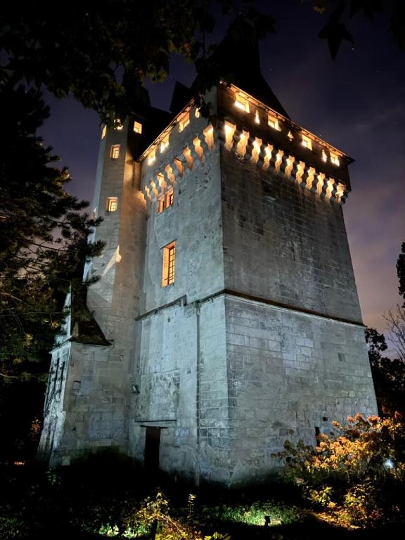a large building with lights on it at night at Donjon de Saintines - gîte 6 adultes 3 enfants - monument historique in Saintines