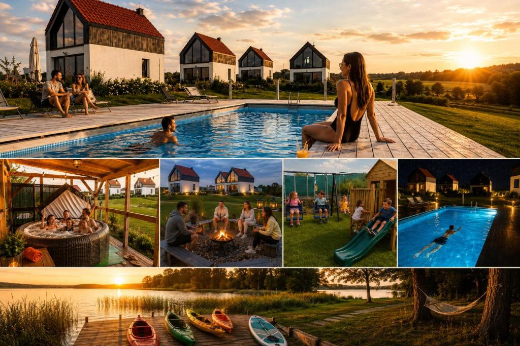 a collage of photos with people sitting around a pool at Rybical 42 in Rybical