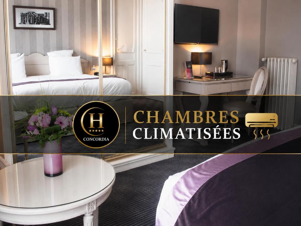 a hotel room with a bed and a table at Hôtel Concordia Le Mans Centre Gare in Le Mans