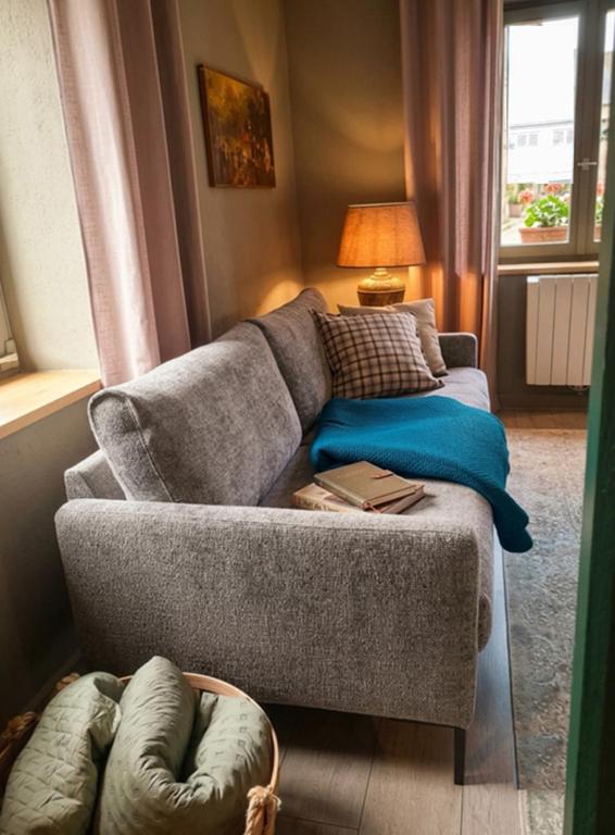 a living room with a couch and a window at Escapade en Alsace - gîte de charme pour deux à Bergheim in Bergheim