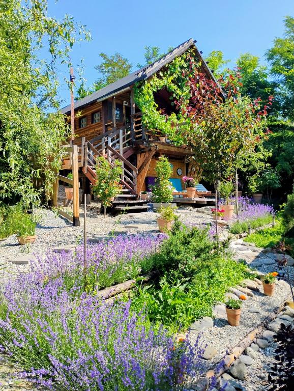 a log cabin with purple flowers in front of it at 479 Tiny House, Domeniul von Agodt in Bradu