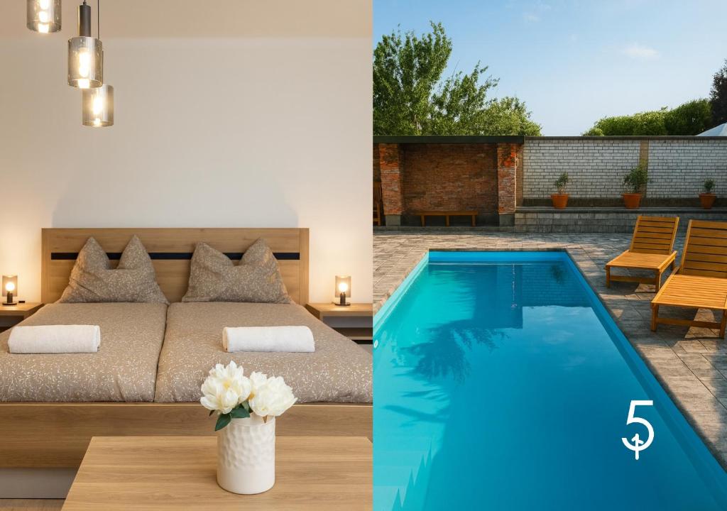 a bedroom with a bed and a swimming pool at Apartments parkFIVE in Lučenec