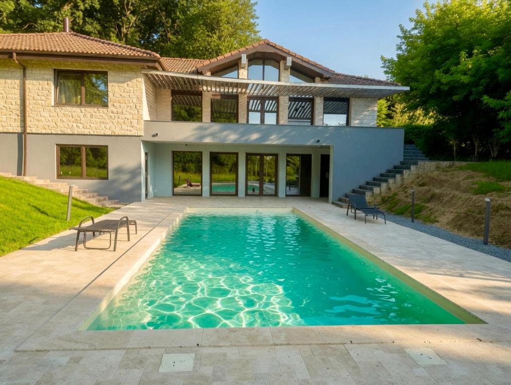 a swimming pool in front of a house at Breite Privée Forest and Pool Retreat in Sighişoara