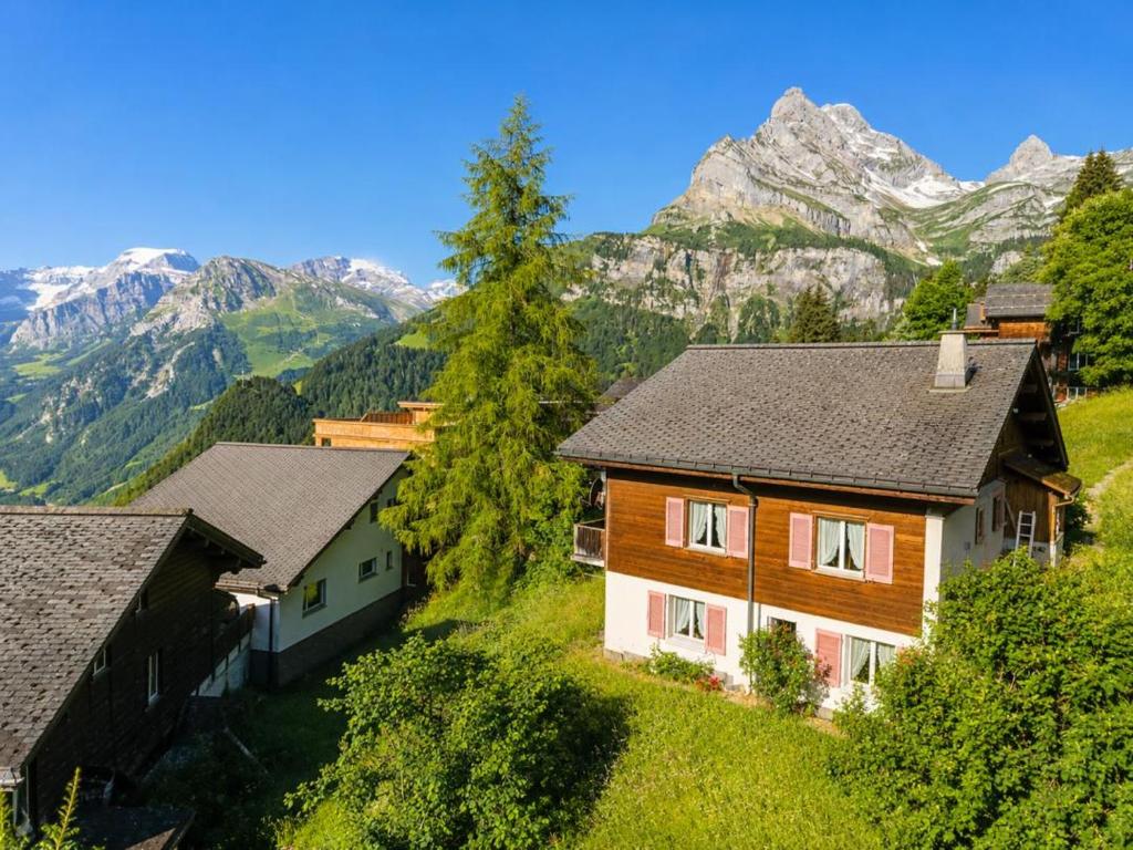 a group of houses with mountains in the background at Revier Lärchenglück in Braunwald